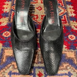 Anne Klein Kitten Heel Black Python Print Mules, 8N